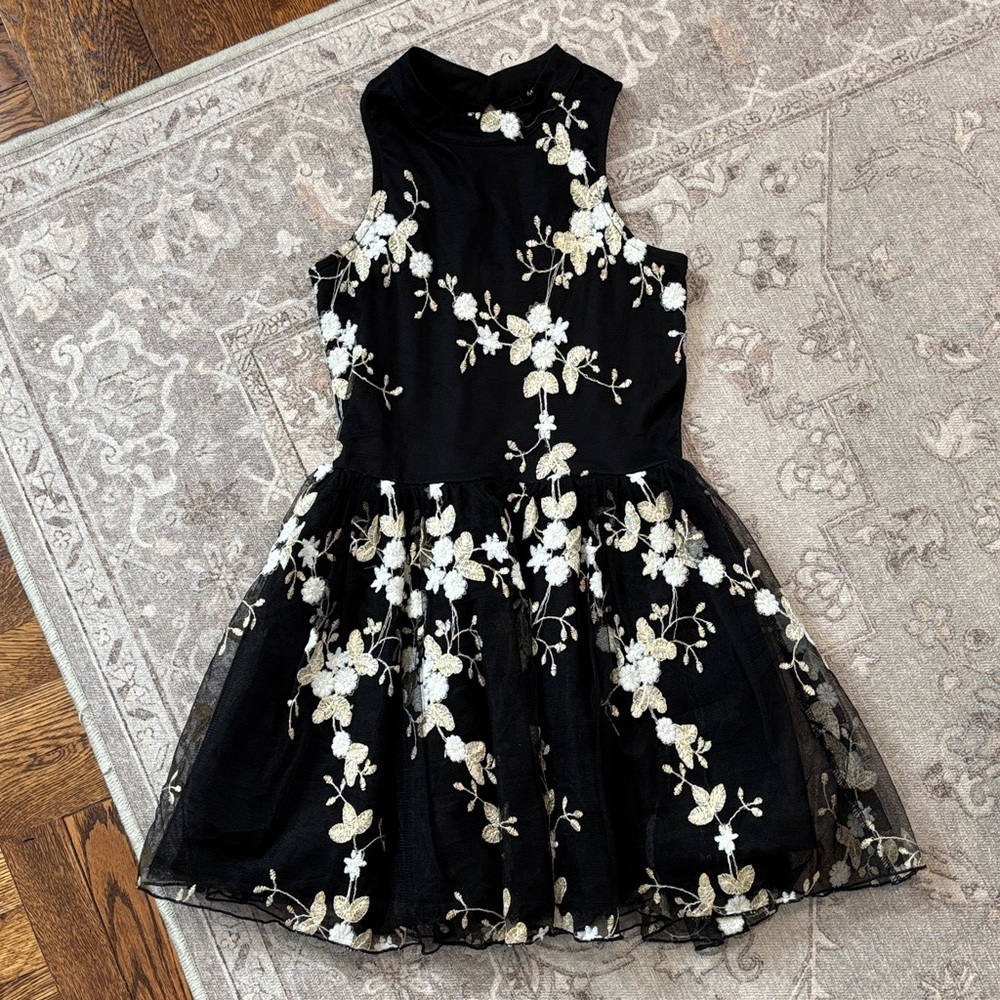 Floral Embroidered Black Kids Dress